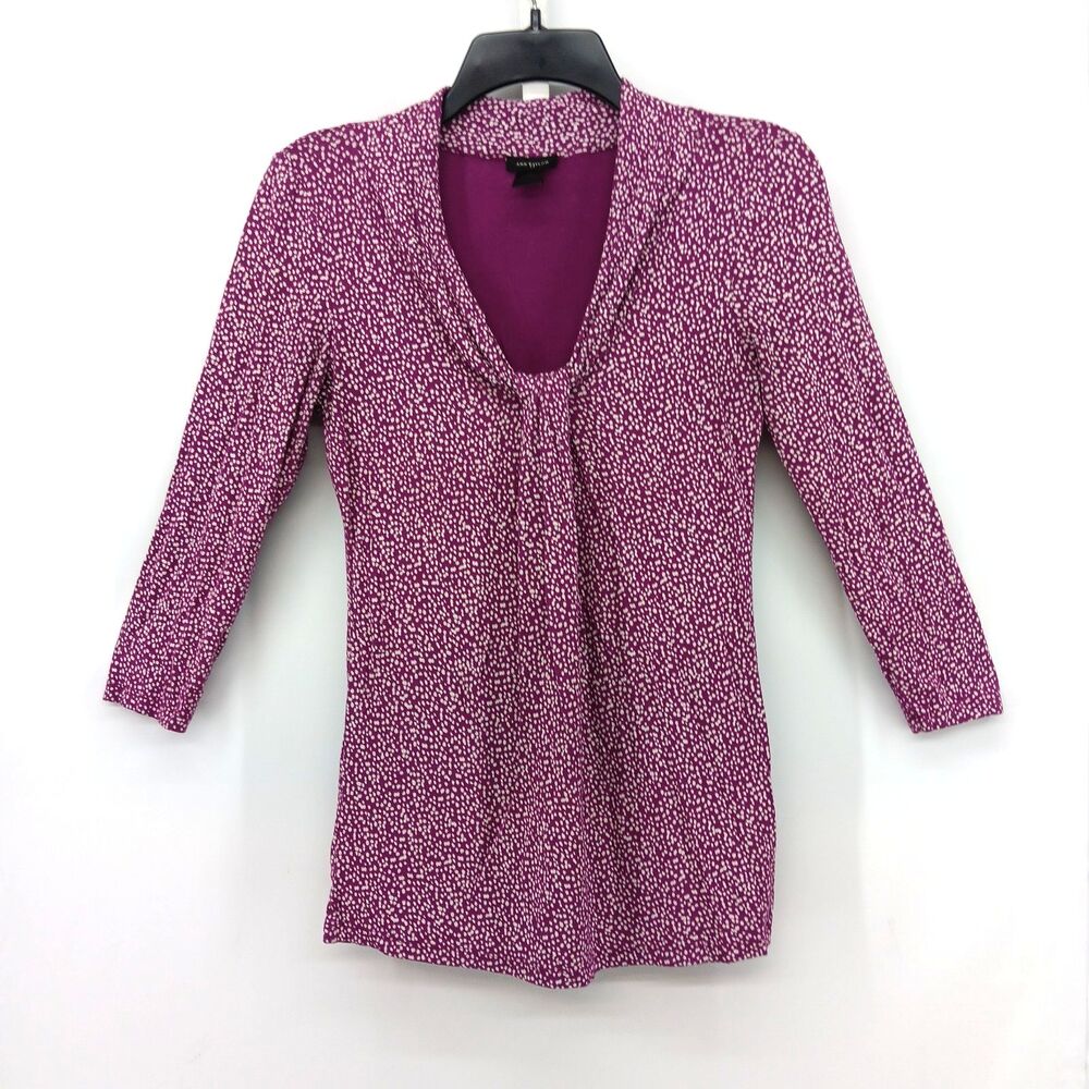 Ann Taylor Blouse Womens Medium Purple 3/4 Sleeve Scoop Neck All Over Print Top